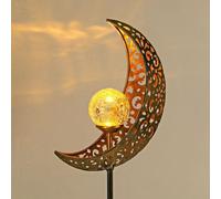 Solar Star Lantern For Outdoor Décor, Crackle Glass Globe With Metal Torch Stake, Moon & Star Design