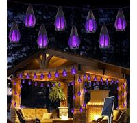 Solar String Lights for Outside, 33Ft Solar Patio Lights with 15 Flickering Flame Light Bulbs, Waterproof Purple Solar Powered Outdoor Lights for Garden Yard Patio Gazebo Bistro Cafe Porch Party Decor