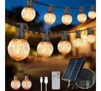 Solar String Lights Outdoor with Remote,Solar & Type-C Dual Charging, 10M Garden String Lights | 15+2 LED New G40 Bulb, Waterproof Dimmable Shatterproof Hanging Lighting for Garden Yard Camping Decor