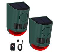 Solar Strobe Light Motion Detector Alarm: Dog Barking and Gunshot Sound, 13 Kinds of Warning Sound Loop Playback, 130db Noise Maker, Waterproof for Home, Farm - USB Charging (2Pack-Green)
