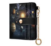 Solar System Black Planets Print Small Women Wallet RFID Blocking Leather Bifold Compact Card Holder with Coin Pocket Zipper Purse for Women Ladies Girls