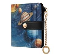 Solar System Blue Planet Pattern Small Women Wallet RFID Blocking PU Leather Bifold Compact Card Holder with Zipper Coin Pocket Purse for Women Girls Ladies