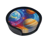 Solar System Galaxy Planet Coaster Fun Cartoon Patterns Circular Leather Coasters with Brackets