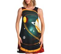 Solar System Jupiter Saturn Print Women’s Sleeveless Dress,Stylish Summer Sleeveless Dresses,Comfortable Casual Dress, Black, X-Large-4X-Large