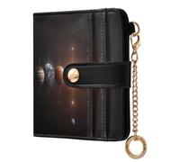 Solar System Planet Black Pattern Small Women Wallet Bifold RFID Blocking Leather Compact Card Holder with Zipper Coin Pocket Purse for Ladies Girls Women