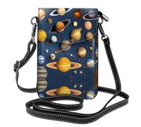 Solar System Planets Patterned leather crossbody bag, flap phone case, suitable for travel, hiking, camping or everyday use.