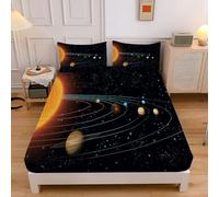Solar System Print Bedding Fitted Sheet Super King,Black, Fitted Sheets Deep Pocket 12 inch (30 cm), Easy Care Soft Brushed Microfibre Wrinkle 180x200cm Planet Orbit Sheet + 2 Pillowcase