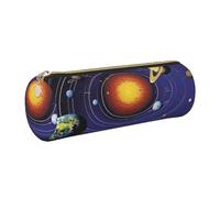 Solar System Printed Cylindrical Leather Pencil Case for Girls Boys, Gold Zipper Pencil Bag Pen Pouch Organizer for Student School Office College