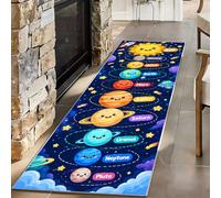 Solar System Rug With Cartoon Planets For Kids' Bedroom and Study 80x300cm | Dark Blue Space-Themed Floor Mat Featuring The Sun and Planets Non-Slip, and Washable Kids Runner Rug for Astronomy Learning