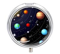 Solar System with The Sun Earth Mars Mercury Jupiter Saturn Uranus Iron Pill Box Case Organizer with Internal Separate Plastic Dividers, Travel Small Medicine Bag Holder Carrier Round Container