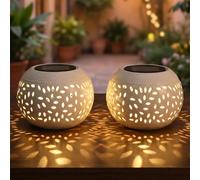 Solar Table Lamp Outdoor Garden - 2 Pack White Metal Hollow Out Solar Lanterns with Decorative Moroccan Projection - Waterproof Outside Tabletop Lighting for Patio Balcony Yard Decor