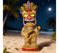 Solar Tiki Garden Statue with LED Eyes Outdoor Resin Ukulele Player Yard Decor Solar Light Hawaiian Style Lawn Ornament for Patio Porch Lawn Tiki Bar or Tiki Lover Funny Gifts