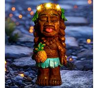 Solar Tiki Girl Garden Statues Tiki Lady Holding Pineapple Figurine with Flower LED Lights Bar Patio Porch Lawn Yard Art Outdoor Decoration Birthday Mother's Day Christmas Gardening Gift for Mom Women