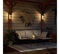 Solar Wall Lanterns Black Glass ABS Steel 15x17cm Outdoor Fireplace Effect Pair