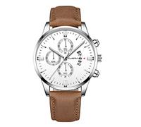 Solar Watch for Men Fashion Sport Men's Stainless Steel Case Leather Band Quartz Analog Wrist Watch Ladies Watches (L, One Size)