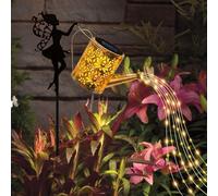 Solar Watering Can Light Outdoor, Upgraded Hanging Waterproof Metal Lantern with Flashing LED String Lights, Hollow Retro Lotus Pattern, Flower Fairy Bracket for Garden Yard Pathway Decoration