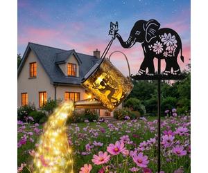 Solar Watering Can Lights Outdoor Decor with Elephant Stake & Fairy Silhouettes, Cascading String Lights for Garden, Patio, Yard - Waterproof Solar Powered Gift for Mom, Housewarming, Birthday