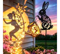 Solar Watering Can Lights with Bunny Silhouette Stake & Fairy Design - Cascading LED String Lights for Garden Yard, Patio Decor, IP65 Waterproof Outdoor Gift for Mom, Women, Birthday, Housewarming
