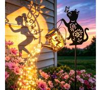 Solar Watering Can Lights with Fairy & Flowers, Outdoor Garden Decor with Cascading String Lights, Waterproof Solar Powered Hanging Lantern for Patio Yard Pathway, Gift for Mom Cat Lovers Gardeners