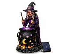 Solar Witch Cauldron Garden Light, Halloween Resin Statue for Patio | A separate solar panel powers the cauldron glow while moon and star cut-outs frame the witch scene after dark