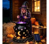 Solar Witch Glowing Cauldron Halloween Garden Light, Solar Powered Witch Cauldron Garden Stake Light, Outdoor Weatherproof Resin Halloween Decoration for Lawn Patio Porch Pathway