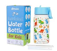 SOLARA Metal Water Bottle for Kids, 14oz Double Wall Vacuum Insulated Stainless Steel Kids Water Bottles with Straw, Sipper Bottle for Kids, Keeps Cool for 24hrs and Warm for 12hrs -Dino