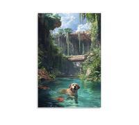 Solarpunk Utopian Illustration of A Labrador Retriever Swimming in A Crystal-Clear River, Lush Overgrown Gardens And Hanging Bridges in The Background. Contemporary Wall Mural Art Decorative Hanging P
