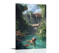 Solarpunk Utopian Illustration of A Labrador Retriever Swimming in A Crystal-Clear River, Lush Overgrown Gardens And Hanging Bridges in The Background. Contemporary Wall Mural Art Decorative Hanging P