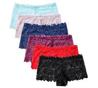 Solavia Women's Lace Panties, Soft Stretch Cute Boyshorts Panties, Sexy Cheeky Underwear, Multipacks, Tomato Red*1 Black*1 Grape Purple*1 Jewelry Blue*1 Violet Ice*1 Plume*1, L