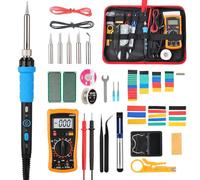 Soldering Iron Kit: 60W Welding Tools with LCD Digital Multimeter, Adjustable Temp 200-450°C, Electric Soldering Iron Set with 5 Soldering Tips, Solder Wire, Desoldering Pump, Tool Bag (Blue)