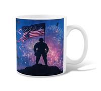 Soldier Ceramic Coffee Mug, Patriotic Dramatic Flag Fireworks Independence Day Blue Novelty Work Drinking Mugs with Handle Ideal for Friends Family Co-Worker Lovers Eldership Senior 11 Oz
