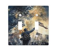 Soldier Double Light Switch Cover Plate, Patriotic Historic Fireworks Flags Independence Day Blue Plastic Standard Size Toggle Light Switch Cover for Living Room Bedroom Home Office Decor