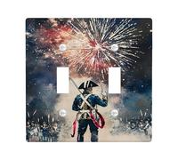 Soldier Double Light Switch Cover Plate, Patriotic Historical Fireworks Crowd Independence Day Blue Plastic Standard Size Wall Switch Plates Accents for Bedroom Bathroom Kitchen Entrance Decor