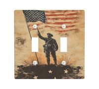 Soldier Double Light Switch Cover Plate, Vintage Patriotic Flag Stars Independence Day Red Plastic Standard Size Wall Switch Plates Accents for Home Living Room New Apartment Decor