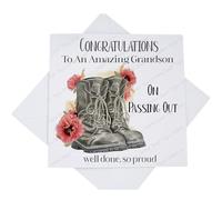 Soldier Passing Out Card, Watercolour Poppy Army Boots Passing Out Card for Grandson