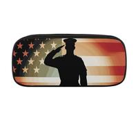 Soldier Saluting America Flag Pencil Case Waterproof Leather Pencil Pouch Multi-purpose Aesthetic Makeup Bag Cute Pen Bag Large Cosmetic Bag for Office Stationery, Travel