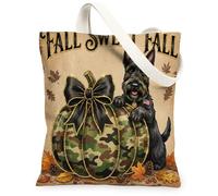 Soldier Theme Fall Scottish Terrier Dog Canvas Tote Bag for Shopping 13 * 15, Autumn Pumpkin Maple Leaf Reusable Grocery Bag for Women, Cool Aesthetic Painting Gift Decor