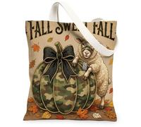 Soldier Theme Fall Sheep Canvas Tote Bag for Shopping 13 * 15, Camouflage Autumn Pumpkin Maple Leaf Reusable Grocery Bag for Women, Holiday Aesthetic Painting Gift Decor