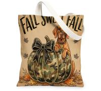 Soldier Theme Fall Vizsla Dog Canvas Tote Bag for Shopping 13x15, Autumn Pumpkin Maple Leaf Reusable Grocery Print Pattern Bag for Women, Cool Aesthetic Painting Gift Decor