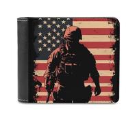 Soldier with U.S.A Flag Leather Men's Bifold Wallet Minimalist Credit Card Holder Simple Coin Purse with Hidden Slots