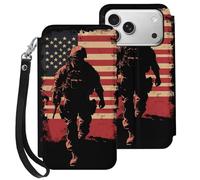 Soldier with U.S.A Flag Leather Wallet Case Compatible with iPhone 17 Series Wrist Strap Printed Flip Protective Cover