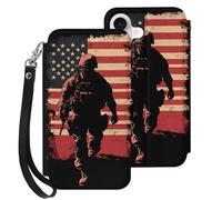 Soldier with U.S.A Flag Leather Wallet Case Compatible with iPhone 17 Series Wrist Strap Printed Flip Protective Cover