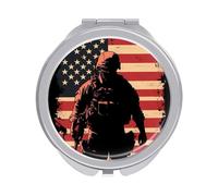 Soldier with U.S.A Flag Portable Travel Compact Mirror Metal Pocket Makeup Mirrors with 1X/2X Magnification