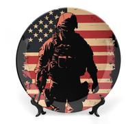 Soldier with U.S.A Flag Printed Ceramic Decorative Plate Chinese Style Bone Dish with Stand China Art Porcelain Plates