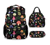 soldwellsd Mushroom Backpack with Lunch Box - Set of 3 School Backpacks Matching Combo - Portable Black Bookbag and Pencil Case Bundle