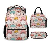 soldwellsd Mushroom Kids Backpack with Lunch Box - Set of 3 School Backpacks Matching Combo - Portable Pink Bookbag and Pencil Case Bundle