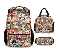 soldwellsd Personalized Mushroom Backpack with Lunch Box and Pencil Case Set, 3 in 1 Matching for Girls Boys Backpacks Combo, Aesthetic Bookbag and Pencil Case Bundle