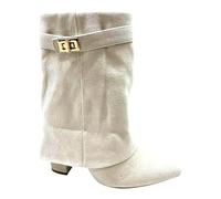 sole london LADIES Women's Ankle Fold Over Buckle Fashion Zip Pointed Block Heel Boots - Stylish Ruched Design - Comfortable Mid-Block Heel - Faux Leather & Faux Suede_BEIGE 4