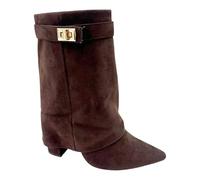 sole london LADIES Women's Ankle Fold Over Buckle Fashion Zip Pointed Block Heel Boots - Stylish Ruched Design - Comfortable Mid-Block Heel - Faux Leather & Faux Suede_CHOCOLATE 3