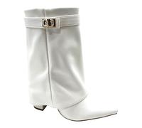 sole london LADIES Women's Ankle Fold Over Buckle Fashion Zip Pointed Block Heel Boots - Stylish Ruched Design - Comfortable Mid-Block Heel - Faux Leather & Faux Suede_WHITE 4